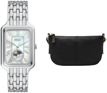 Fossil Women's Raquel Silver-Tone Stainless Steel Watch and Jolie Bag Black, Set
