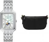 Fossil Women's Raquel Silver-Tone Stainless Steel Watch and Jolie Bag Black, Set