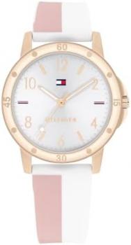 Tommy Hilfiger Girls Watch with Silver Dial, White and Pink Silicone Strap, 32mm Carnation Gold-Tone Case, 3 Hand Quartz Movement, 3 ATM Water Resistant - 1720015