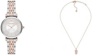 Emporio Armani Women's Two-Tone Stainless Steel Watch and Rose Gold-Tone Brass Necklace, Set