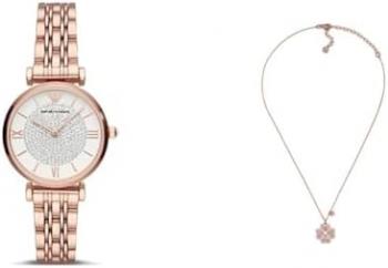 EMPORIO ARMANI Women's Rose Gold-Tone Stainless Steel Watch and Necklace, Set