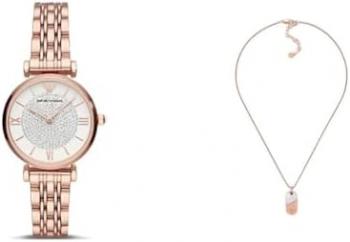 EMPORIO ARMANI Women's Rose Gold-Tone Stainless Steel Watch and Necklace, Set