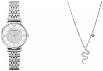 Emporio Armani Women's Silver-Tone Stainless Steel Watch and Necklace, Set