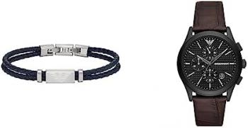 Emporio Armani Men's Stainless Steel ID Bracelet Length 196 mm + 15 mm Width 19 mm Height 9 mm, Length: 196mm +15mm, Width: 19mm, Height: 9mm, No gemstone + Men Analog Quartz Watch with Leather Strap