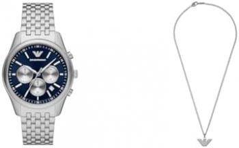 Emporio Armani Men's Silver-Tone Stainless Steel Watch and Necklace, Set