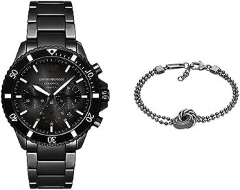 Emporio Armani Men's Chronograph Watch and Chain Bracelet - Black Ceramic Watch and Stainless Steel in Blacken Finishing Bracelet