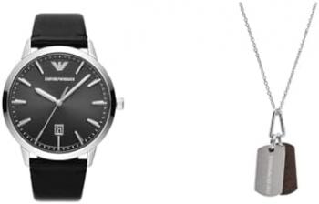 EMPORIO ARMANI Men's Black Leather Watch and Silver-Tone Stainless Steel Necklace, Set