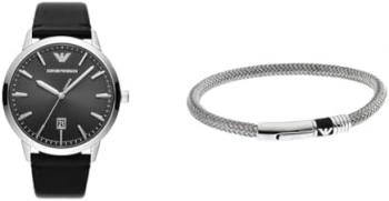 EMPORIO ARMANI Men's Black Leather Watch and Silver-Tone Stainless Steel Bracelet, Set