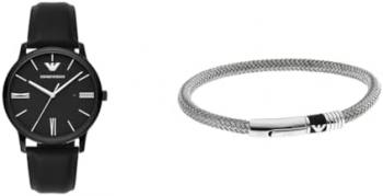 Emporio Armani Men's Black Leather Watch and Silver-Tone Stainless Steel Bracelet, Set