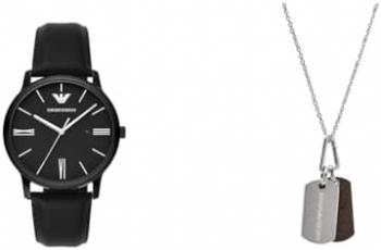 Emporio Armani Men's Black Leather Watch and Silver-Tone Stainless Steel Necklace, Set