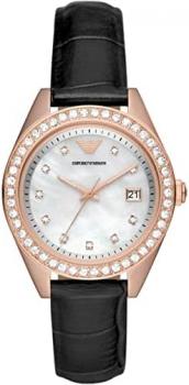 Emporio Armani Watch for Women , Three Hand movement, 36MM Black Recycled Stainless Steel (At Least 50%) case with a Leather strap, AR11505