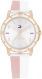 Tommy Hilfiger Girls Watch with Silver Dial, White and Pink Silicone Strap, 32mm Carnation Gold-Tone Case, 3 Hand Quartz Movement, 3 ATM Water Resistant - 1720015
