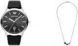 EMPORIO ARMANI Men's Black Leather Watch and Silver-Tone Stainless Steel Necklac...