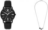 Emporio Armani Men's Black Leather Watch and Silver-Tone Stainless Steel Necklace, Set