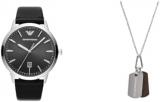 EMPORIO ARMANI Men's Black Leather Watch and Silver-Tone Stainless Steel Necklace, Set