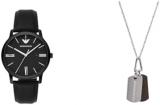 Emporio Armani Men's Black Leather Watch and Silver-Tone Stainless Steel Necklace, Set
