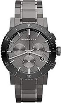 Burberry Unisex Men Women Watch The City SWISS LUXURY CERAMICRound Stainless Steel Chronograph Grey Date Dial Gun Metal Ionic Plated Band 42mm BU9381