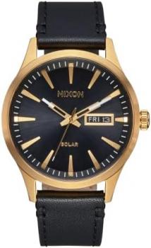 NIXON Sentry Solar A1347100m Water Resistant Stainless Steel Solar Powered Analog Watch (40 mm Watch Face, 2018 mm Custom Tapered Genuine Leather Band), All Gold Black, One Size, Sentry Solar