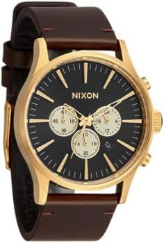 NIXON Sentry Chrono Leather A1391-100m Water Resistant Men's Analog Chronograph Watch (42mm Watch Face, 23mm Leather Band), Gold / Indigo / Brown, One Size, Sentry Chrono Leather