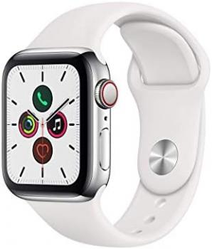 Apple Watch Series 5 (GPS + Cellular, 40MM) - Silver Stainless Steel Case with White Sport Band (Renewed)