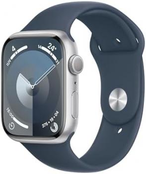 Apple Watch Series 9 [GPS, 45mm] - Silver Aluminium Case with Tempest Blue Sport Band, S/M (Renewed)