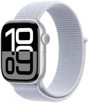 Apple Watch Series 10 GPS + Cellular 42 mm Smartwatch with Silver Aluminium Case with Blue Cloud Sport Loop - One Size. Fitness Tracker, ECG App, Always-On Retina Display, Carbon Neutral