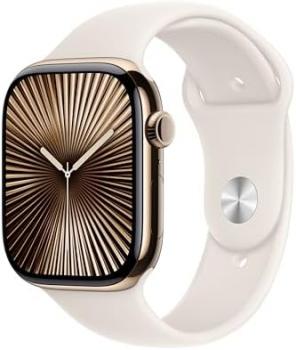 Apple Watch Series 10 GPS + Cellular 46 mm Smartwatch with Gold Titanium Case with Starlight Sport Band - M/L. Fitness Tracker, ECG App, Always-On Retina Display, Water Resistant