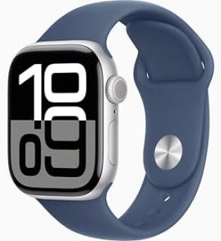 Apple Watch Series 10 [GPS, 42mm] - Silver Aluminum Case with Denim Sport Band, S/M (Renewed)