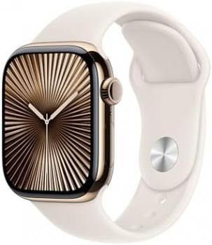 Apple Watch Series 10 GPS + Cellular 42 mm Smartwatch with Gold Titanium Case with Starlight Sport Band - S/M. Fitness Tracker, ECG App, Always-On Retina Display, Water Resistant