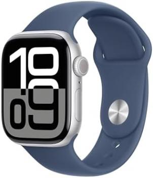 Apple Watch Series 10 GPS 42 mm Smartwatch with Silver Aluminium Case with Denim Sport Band - M/L. Fitness Tracker, ECG App, Always-On Retina Display, Water Resistant