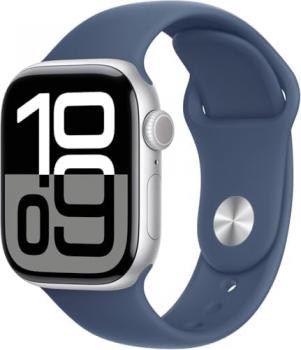 Apple Watch Series 10 [GPS+ Cellular, 42mm] - Silver Aluminum Case with with Denim Blue Sport band, S/M (Renewed)