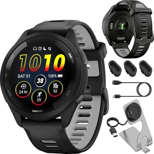 Garmin Forerunner 265 Running GPS Smartwatch, AMOLED Display, 46mm, Black/Powder Gray, 010-02810-00 - Bundle w/Deco Essentials Charging Dock, Dust Cover and USB-C Cable