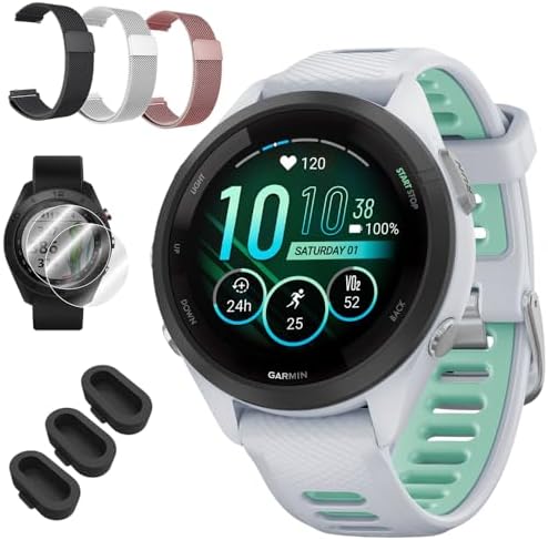Garmin Forerunner 265S GPS Smartwatch, Whitestone/Neo Tropic 010-02810-04 Bundle with Deco Essentials 3X 18mm Metal Bands, 3X Silicone Dust Cover and 2X Screen Protector