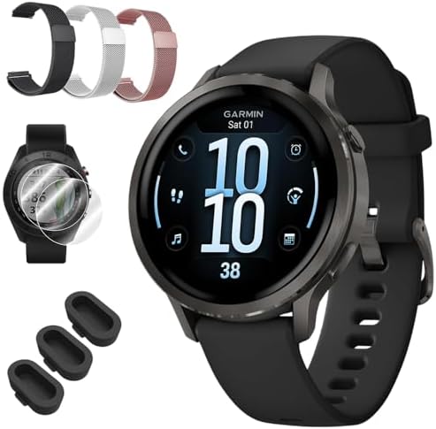 Garmin Venu 4, 41 mm Health & Fitness GPS Smartwatch, Slate with Black Silicone Band 010-03013-02 Bundle with Deco Essentials 3X 18mm Metal Bands, 3X Silicone Dust Cover and 2X Screen Protector