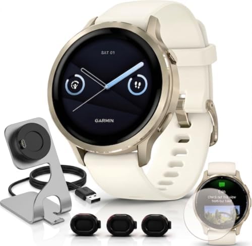 Garmin Venu 4 41mm Health and Fitness GPS Smartwatch, AMOLED, Lunar Gold with Bone Silicone Band, 010-03013-00 - Bundle w/Deco Essentials Charging Dock, Dust Cover and Screen Protector