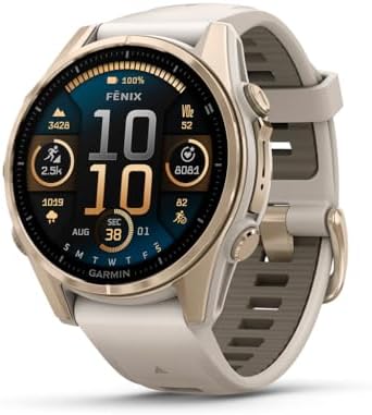 Garmin fēnix 8 – 43mm, AMOLED, Sapphire, Premium Multisport GPS Smartwatch, Long-Lasting Battery Life, Dive-Rated, Built-in LED Flashlight, Soft Gold with Dark Sandstone Band